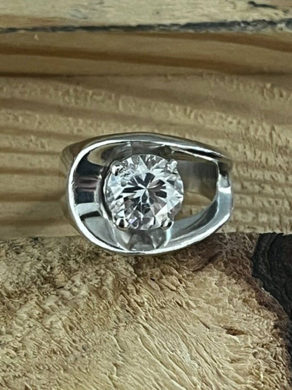 Chunky Silver Ring Clear Stone Modern Asymmetrical Size 5 3/4